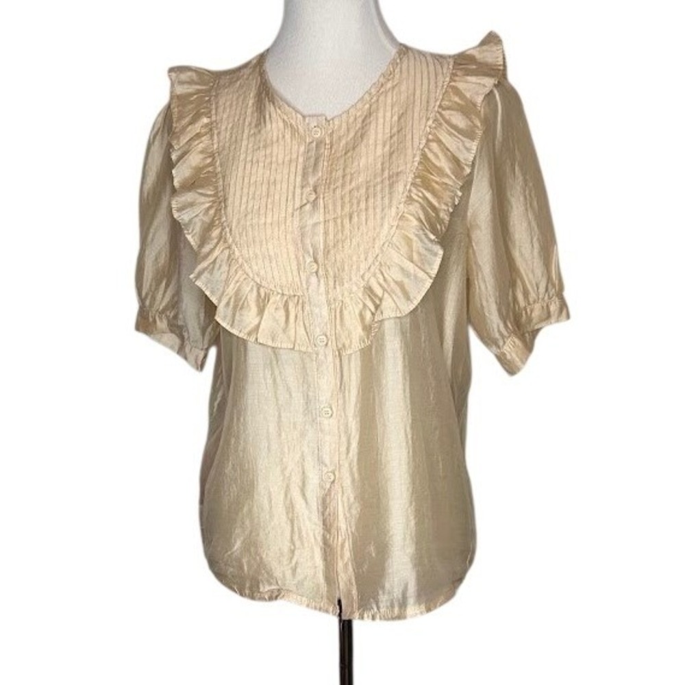 HuiYiGe Champagne Gold Silk Bib‎ Front Ruffle Pintuck Blouse Korean Style Large